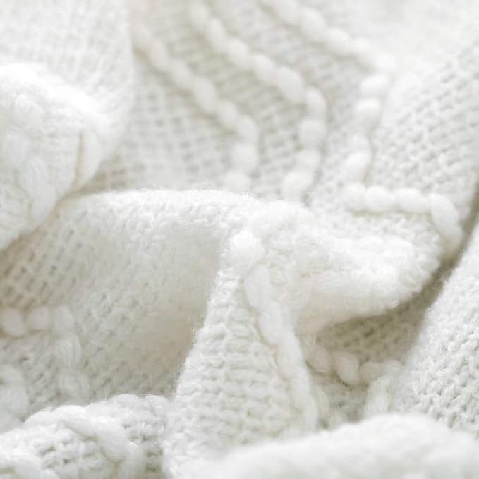 BOURINA Off White Throw Blanket 60x80Inch Boho Knit Soft Throw Sofa Blanket | Knitted Throw Blanket 60x80 Inches, Soft Lightweight Boho Weave Throw Decorative Couch Blanket for Living Room Bedroom Chair