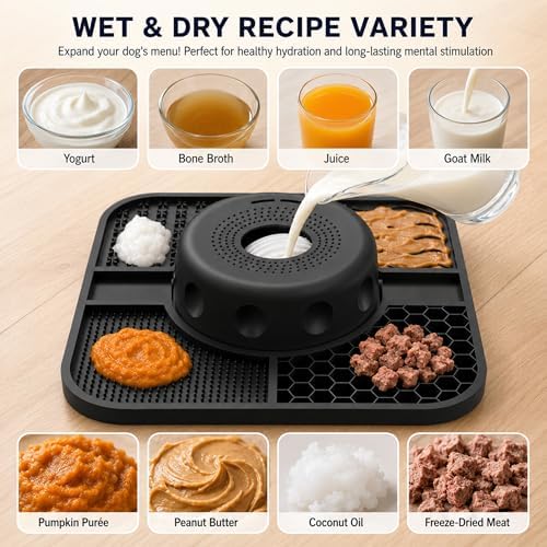 Dog Lick Bowl with Interactive Rolling Ball and Lick Mat, Leak-Proof One-Piece Slow Feeder for Liquid Thick Treats, Anti-Choking Oval Ball Calming Dog Enrichment Toy, Anxiety Relief