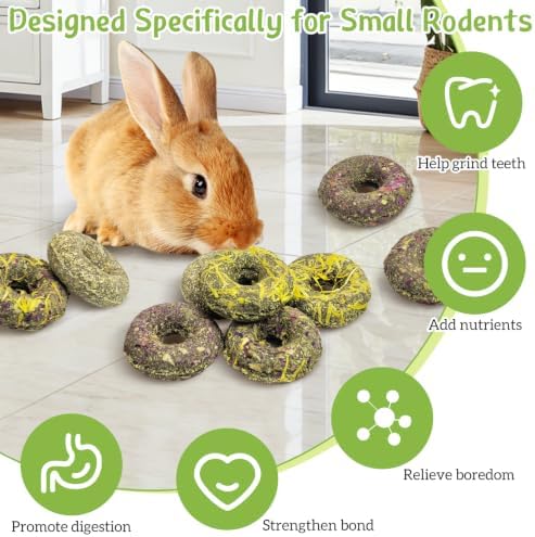 Fhiny 10 PCS Rabbit Chew Toys, Rabbit Treats with Natural Grass and Flowers, Pet Molar Grass Cakes for Guinea Pigs, Chinchillas, Hamsters and Other Small Rodents