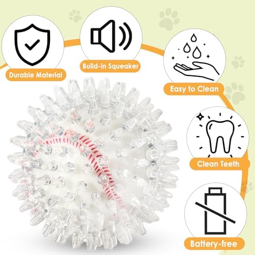 Squeaky Dog Toy Balls 4 Pack — Sports Themed Spiky Dog Balls for Medium Dogs, Durable PVC Dental Chew Balls for Cocker Spaniel Aussie Pitbull, Interactive Outdoor Toy