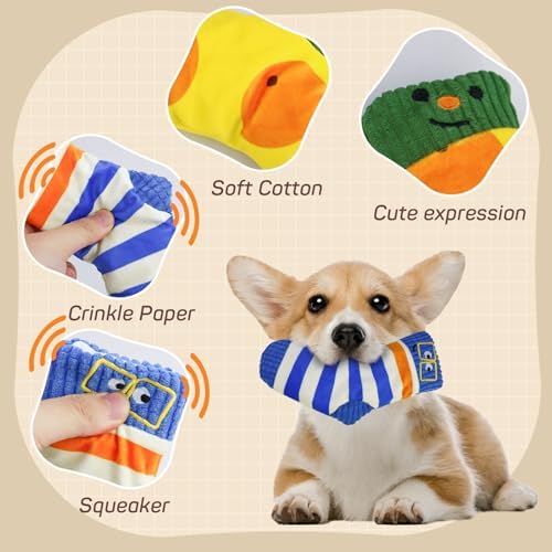 Andiker Squeaky Dog Toys, Cute Sock Shape Dog Chew Toys with Squeaker Crinkle Paper Hidden Food Hole Interactive Dog Toys for Small and Medium Dogs Chewing Teeth Grinding Playing (Yellow)
