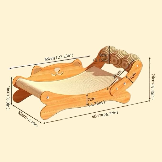 Wooden Cat Lounge Chair with Sisal Scratchable Ropes, Cute Cat-Shaped Raised Elevated Cat Bed & Sofa, Heavy Duty Indoor Kitty Scratcher Couch for Sleeping & Playing