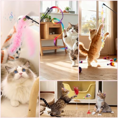 QUOZUO 8 Pack Interactive Cat Wand Toy Set, Cat Teaser Wand with Bells Colorful Feather Rainbow Kitten Toys for Exercise Indoor Cats Kitten