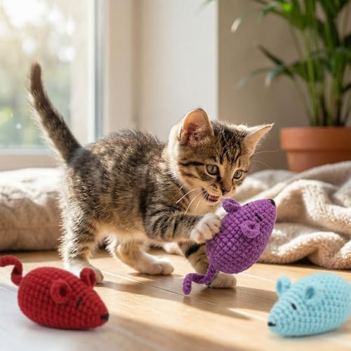 Catnip Toys Crochet Mice Cat Toys, 3 Pcs Handmade Durable Yarn Mice Toys with Natural Catnip & Silvervine, Interactive Kitten Chew Kicker Toy for Teeth Cleaning & Anxiety Relief
