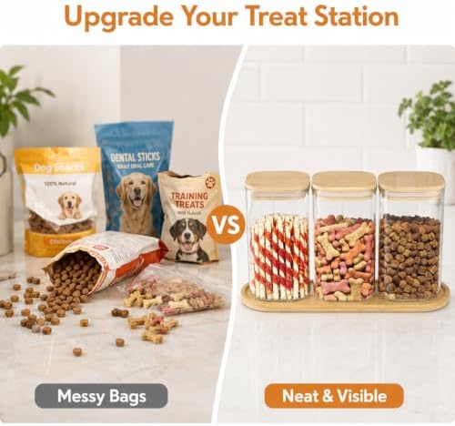 Dog Treat Container, Large Dog Treats Container, Farmhouse Wood Pet Treats Storage Organizer for Dog Food Storage Container, with 3 Glass Jars, Cat Dog Biscuit Dispenser, Great Gift for Pet Dog Owners