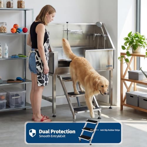 Professional Stainless Steel Dog Washing Station 46 Inch – Heavy Duty Pet Grooming Bathtub – Brushed Finish – Access Stairs – Grooming Arm & Showerhead – for Home or Salon – Left Opening Door