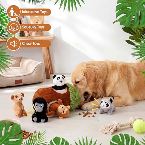 Skylety 7 Pieces Hide and Seek Dog Toys Activity Puppy Chew Squeaky Toys Plush Stuffing Woodland Stuffing with Squeakers for Small Medium Pets Dogs Puppy Gift(Funny,Small)
