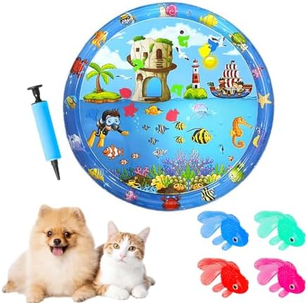 2026 Upgraded Cat Water Mat – 5-Layer Anti-Scratch Leak-Proof Sensory Play Mat for Indoor Cats, BPA-Free Cooling Water Pad, Interactive Enrichment Toy (S15, 100*100CM, 4 Fish + Pump Included)