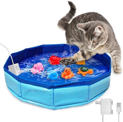 Eelexa Cat Pool Interactive Toys with 6 Fish-Shaped Toys[Water Pump Included], Interactive Splash-Proof Indoor Cat Toys for Boredom Relief, Self-Play Cat Pool for Bored Cats, Easy Fill & Drain Design