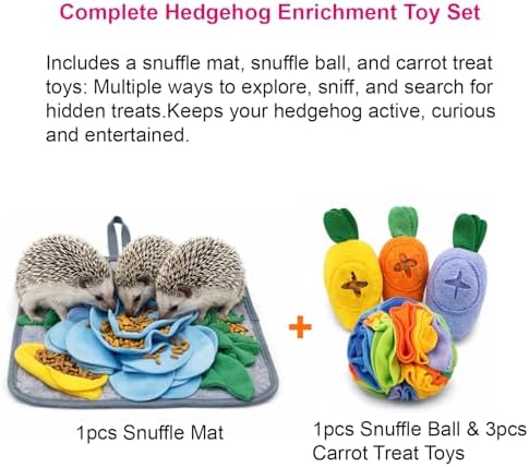 5Pcs Hedgehog Foraging Toy – Snuffle Mat, Snuffle Ball & Carrot Treat Toys for Hedgehog Cage Enrichment, Interactive Feeding Toys for Hedgehog, Rabbit & Guinea Pig, Small Pet Foraging Toys