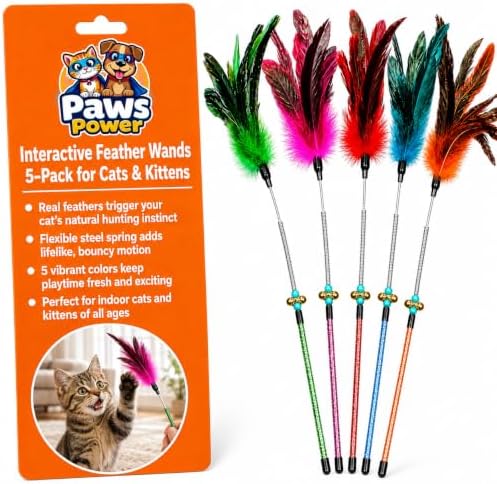 Cat Feather Wand Toy Set – 5 Different Feather Styles in One Pack – Interactive Wand Toys for Indoor Cats and Kittens – Durable Spring Design for Engaging Playtime
