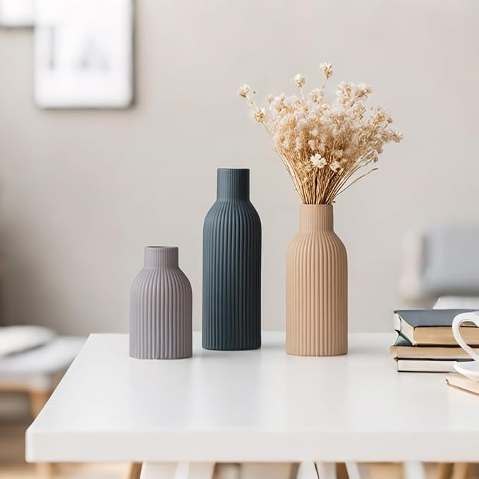 Modern Ceramic Vases Set of 3, Black Ribbed Decorative Vases, Shelf Table Centerpiece for Home Decor, Birthday Gifts for Women, Mom, Grandma Decorative (Black Mix)