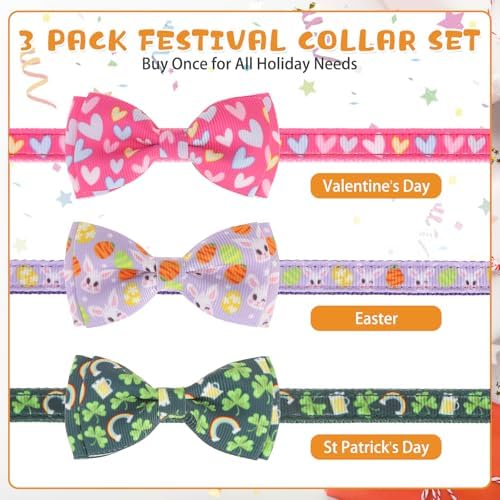 KOOLTAIL Easter Cat Collars Breakaway with Bowtie and Bells,3 Pack Adjustable Fancy Kitten Collar with Safety Buckle for Girls Boys Kitty,Cute Cat Charm Pendant Holiday