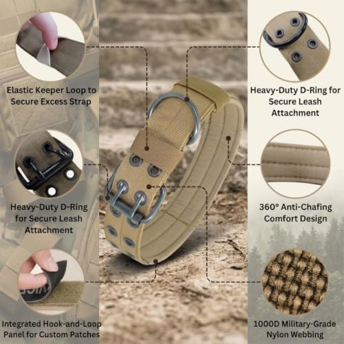 Tactical Nylon Dog Collar with Heavy-Duty Double-Hole Buckle, Breathable Anti-Choke Padding for Medium, Large, Extra Large Dogs - Include Smart Tag Case & 2 Sticky Patches