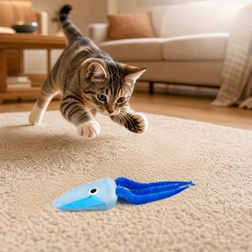 Andiker Cat Toy with Catnip, Squid Shaped Cat Chew Toy with Long Tentacle and Crinkle Paper Interactive Kitten Toy for Kittens & Adult Cats (Blue)