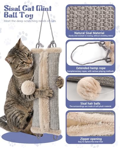16.5" Sisal Catnip Kicker Toy for Indoor Cats,Heavy Duty Cat Scratching Pillow with 24" Bonus Rope,Washable & Refillable Catnip Toy for Aggressive Kickers,Chewing & Teething, Sisal Mat Texture (Grey)