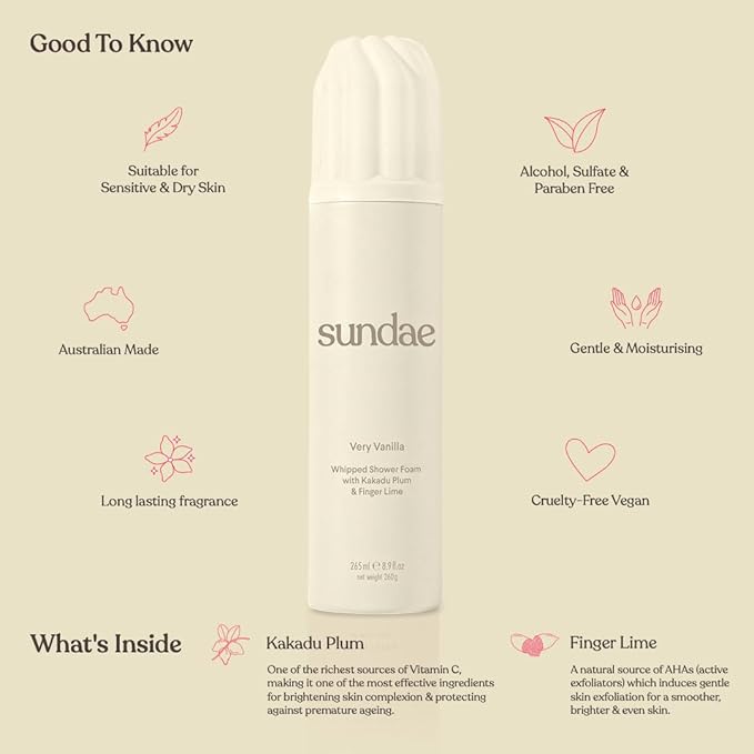 sundae Whipped Shower Foam Very Vanilla Foaming Body Wash 8.9 fl oz, 265ml with Kakadu Plum & Finger Lime