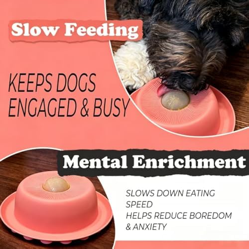 PEDAY Nonslip Dog Slow Feeder Lick Bowl with Ball, Enrichment Toy for Water, Yogurt & Jam, Dishwasher Safe, Coral Orange