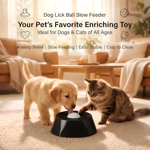 Dog Lick Ball Slow Feeder, Rolling Sphere Interactive Pet Toy with Suction Cups, Calming Slow Feeding Bowl for Liquid Treats & Peanut Butter, Anxiety Relief Licking Toy for Dogs & Cats（Black