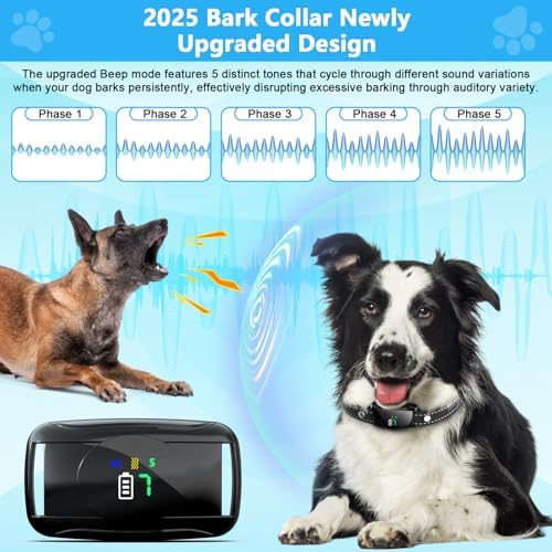 Bark Collar, No Shock Bark Collar with 5 Beep, Vibration & 7 Sensitivity