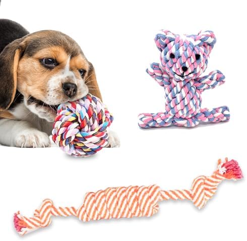 SunGrow Cotton Knot Puppy Chews, 4.5" Tough Teething Chewable Teddy Bear, 2.5" Ball, 12" Durable Oral Chew Rope, Handwoven for Small Breeds Dog, Massage Teeth, Gums, Random Color, 3 Pcs