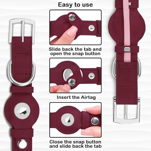 Leather Dog Collar with Airtag Holder - Apple Air Tag Dog Collars - Soft Tracking GPS Pet Collar for Small Medium Large Dogs Breed Puppy (Burgundy, S, 9"-12" Neck Fit)