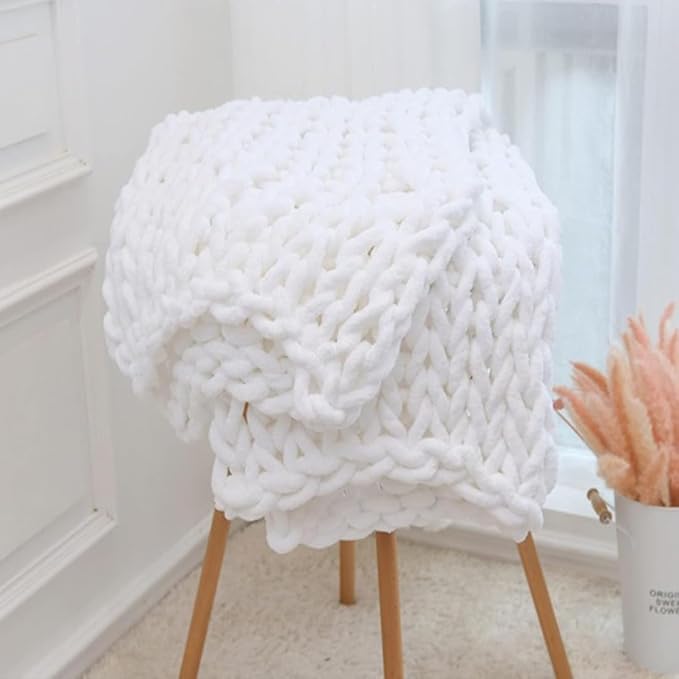 Soft Chunky Knit Throw Blanket for Couch, Cozy Warm Knitted Blankets | Hand Knit with Jumbo Chenille, Lightweight Warm Fluffy Decor for Women, Mom, Her & Girls, Sofa, Chair, Bed, 48"×71" (White)