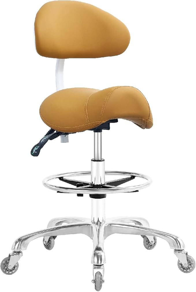 Saddle Stool Chair with Back Support Footrest, Heavy-Duty(350LBS), Hydraulic Rolling Swivel Adjustable Stool Chair for Salon Spa Beauty Massage Dental Clinic Home Office Use(Camel)
