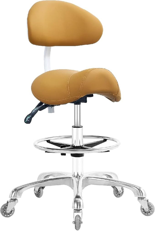 Saddle Stool Chair with Back Support Footrest, Heavy-Duty(350LBS), Hydraulic Rolling Swivel Adjustable Stool Chair for Salon Spa Beauty Massage Dental Clinic Home Office Use(Camel)
