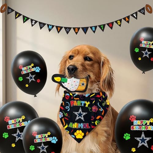 NFL Dallas Cowboys Dog Birthday Party Set 9pcs with 1 Football Bandana Small/Medium, 1 Banner, 1 Birthday Cake Toy & 6 B-Day Balloons, Dog Birthday Set, Costume, Fun Doggie Pawty Accesories