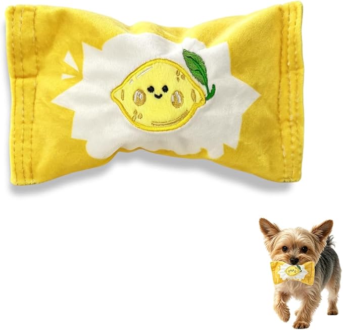 Andiker Squeaky Dog Toy, Cute Candy Shape Lemon Cherry Pattern Dog Chew Toy with Squeaky Spiky Ball and Crinkle Paper, Interactive Plush Dog Toy for Dogs Indoor Teething and Anxiety Relief (Yellow)