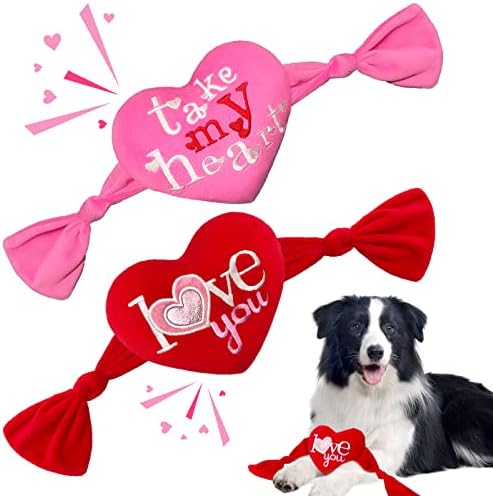 Valenine's Day Dog Toys, 2 Pack Plush Squeaky Dog Toys with Heart Shape, Valentines Day Dog Gifts for Small and Medium Dogs