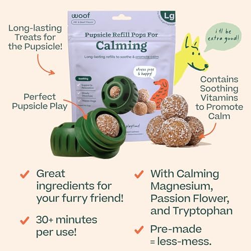 WOOF Pupsicle Calming Starter Kit - Pupsicle and Calming Pops Bundle - Long-Lasting Interactive Dog Toy - 7 Refills with Thiamine, Tryptophan, Passion Flower for Medium and Large Dogs 25-75 lbs