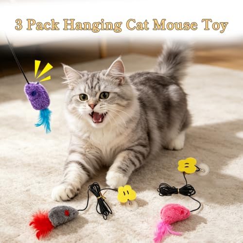 Hanging Door Cat Toy with Elastic String, Interactive Cat Toys for Indoor Cats, Retractable Door Hanging Cat Teaser with Bell/Feather/Plush (Plush Mouse 3 Pack)
