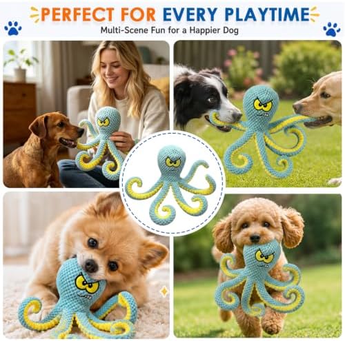 Interactive Octopus Dog Toy, Plush Dog Toy with Crinkle Paper & Squeaker, Tug of War Dog Toy for Small Medium Large Dogs, Soft Dog Chew Toy for Indoor Play, Puppy Training (J-Octopus-Green+Red)