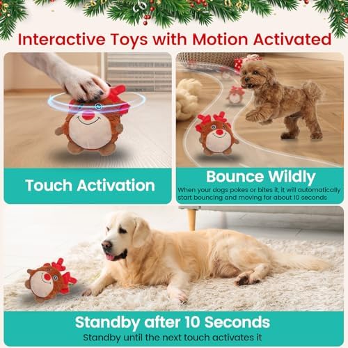 Senneny Christmas Dog Toys, Interactive Dog Toys Reindeer, Random Path Electric Automatic Moving and Rolling Dogs Toy, Motion-Activated Dog Ball with Plush Cover USB Rechargeable