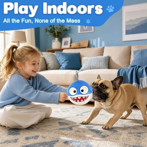 Vivifying Dog Soccer Ball, 6 Inch Inflatable Shark Dog Toy with Nylon Grab Tabs, Reinforced PU Interactive Fetch and Tug Ball for Small Dogs, Blue and White