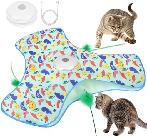 Interactive Cat Toys for Indoor Cats, Automatic Hide and Seek Cat Toy, Moving Concealed Feathers, Mouse Squeaky, Rechargeable Touch Activated Exercise Toys for Kitten Bored Adult Cats, 3 Modes
