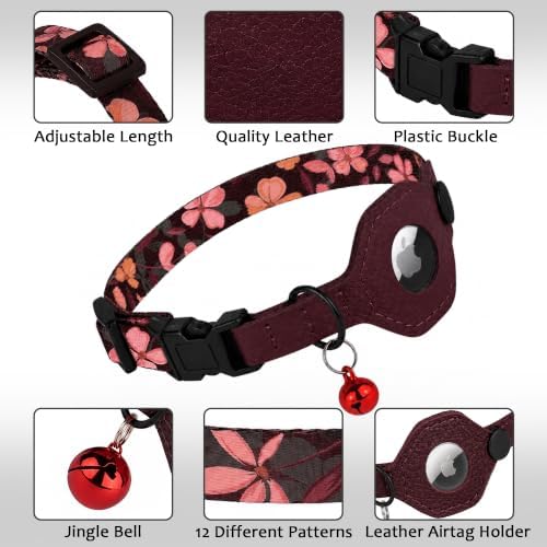 Breakaway Cat Collar with Leather AirTag Holder & Bell - Apple Air Tag Cat Collars for Girls & Boys, Lightweight Anti-Lost GPS Tracker Design, Printed Pattern - Safety and Adjustable (Crossandra)