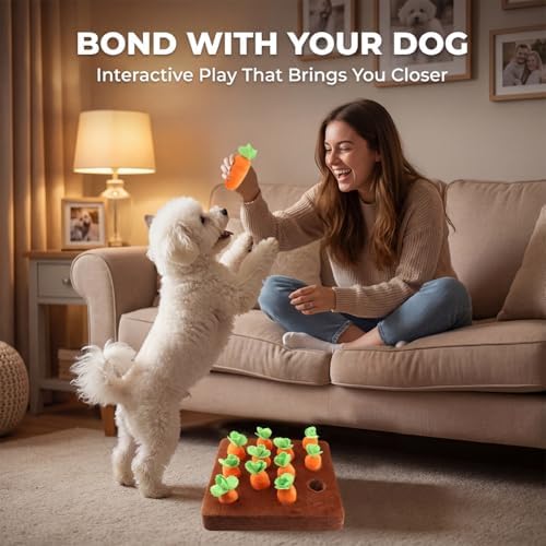 Carrot Dog Toys, Carrot Snuffle Mat for Dogs Interactive Dog Plush Puzzle Toys 2 in 1 Fun Nosework Feed Games Pet Stress Relief and Brain Training Foraging Skill with 12 Carrots (Orange)