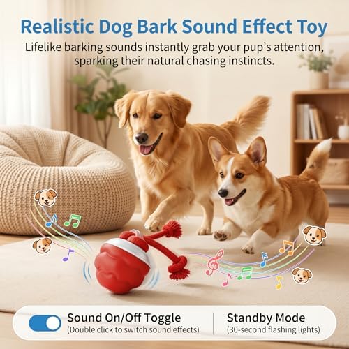 Interactive Dog Toys, Automatic Rolling Ball with Rope, Red