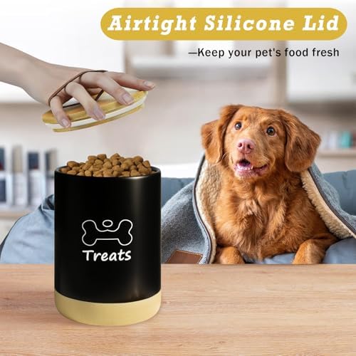 Dog Treat Container Airtight - 5 Inch Wide x 7.5 Inch Black Ceramic Dog Treat Jar for Kitchen Counter, Doggie Cookie Jar with Airtight Bamboo Lid - Farmhouse Style Dog Food Storage Container