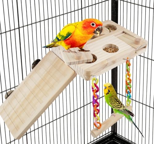 FlidRunest Wooden Bird Foraging Puzzle Platform Swing with Climbing Ladder for Parrots, Parakeet, Cockatiel, Sun Conures - Birds Interactive Mental Enrichment Toy, Bird Seed Slow Feeder Toy for Cage