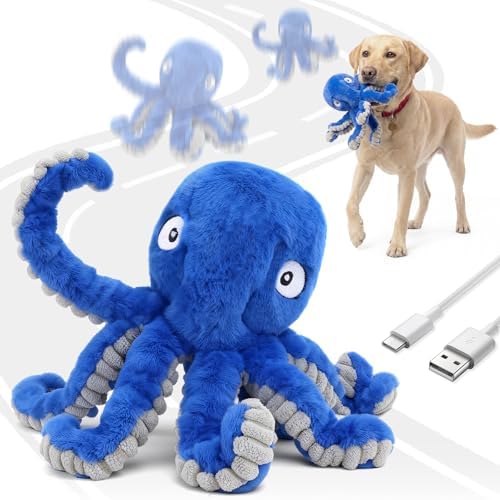 Interactive Dog Octopus Toy, Upgrade Automatic 1.5H Jumping Ball with Motion Activation for Small Large Dogs, 2 in 1 Rechargeable Move & Tug Plush Toy Pets Keep Busy, No Music (Blue Crinkle)
