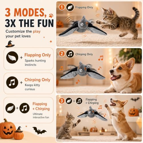 Flying Bat Dog Toy, Flying Bat Toy for Dogs, Flapping Bird Interactive Cat Toy, Cute Flapping Wings Electric Teasing Cat/Dog Toy, Hanging and Ground Play (2Pcs)