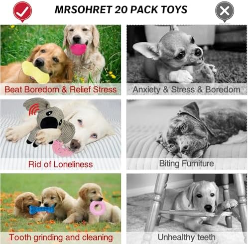 MRSOHRET 20Pcs Puppy Chew Toys for Teething, Dog Chew Toys with Rope Toys, Pet Dog Toothbrush, Treat Balls, Plush Toys and Squeaky Toy for Small Medium Dogs with Basket