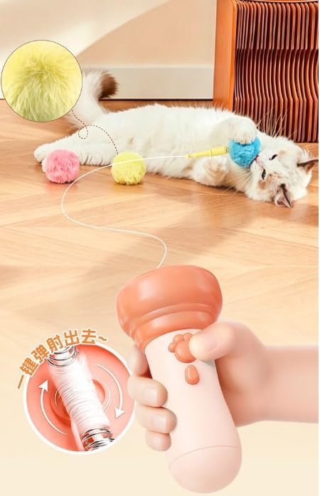 Hands-Free Electric Cat Toy Interactive Teaser Entertainment Toy for Kitten, One-Click Pop Out & Auto Retractable Cat Wand Toy with Soft Balls, Kitten Teaser Toys for Indoor Cats (Pink)