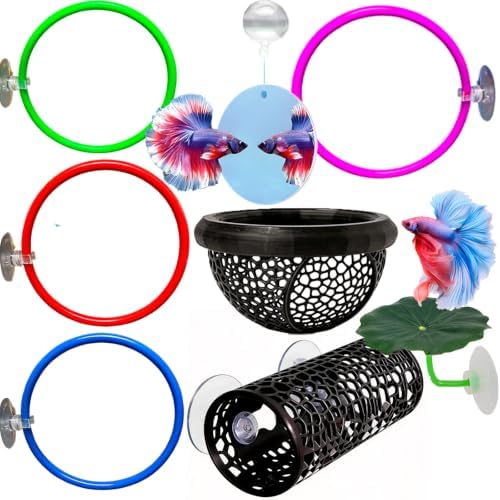 8 pcs Betta Fish Enrichment Toys Fish Exercise Rings Floating Betta Hide Shrimp Cave Tank Hammock Feeder Mirror Resting Spot for Small Fish Training Feeding Rings