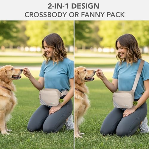 PetAmi Dog Walking Bag, 3-in-1 Crossbody Fanny Pack Treat Pouch, Beige