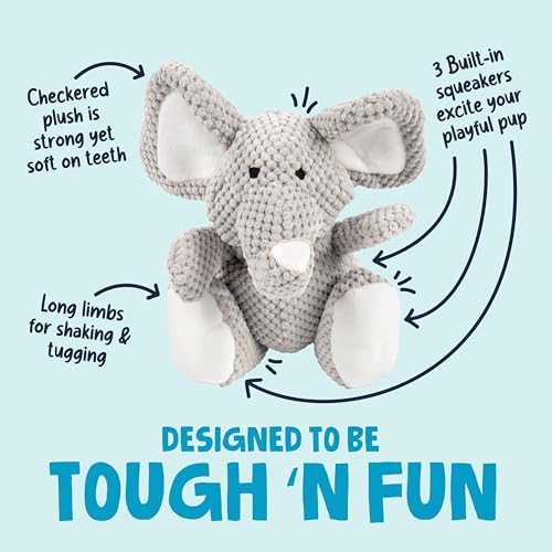 goDog Checkers Elephant Tough Plush Toy with Chew Guard Technology, Durable Checkered Fabric & Squeaker for Active Play, Gray, Large
